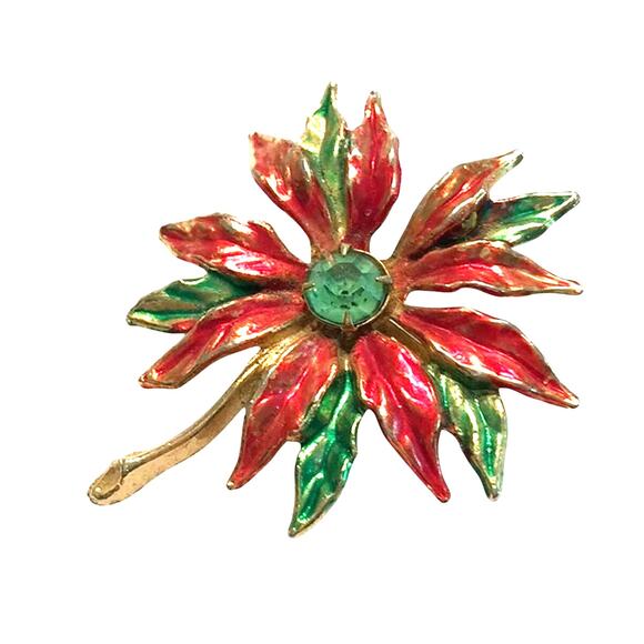 Vintage Christmas Brooch goldtone pin festive red poinsettia & green rhinestone - Picture 1 of 5